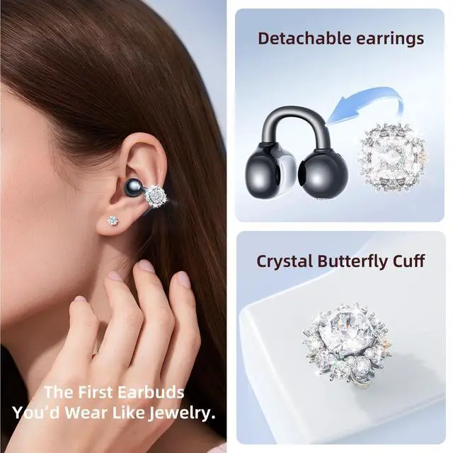 Alt view image 2 of 7 - Jewelry-Inspired Clip-On Earbuds with Diamond Earrings, Comfortable Fit & 40H Playtime Open Ear Bluetooth 5.4 Wireless Headphones for Women, Small Ears, Sports & Workouts (Black)