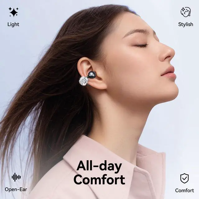 Alt view image 3 of 7 - Jewelry-Inspired Clip-On Earbuds with Diamond Earrings, Comfortable Fit & 40H Playtime Open Ear Bluetooth 5.4 Wireless Headphones for Women, Small Ears, Sports & Workouts (Black)