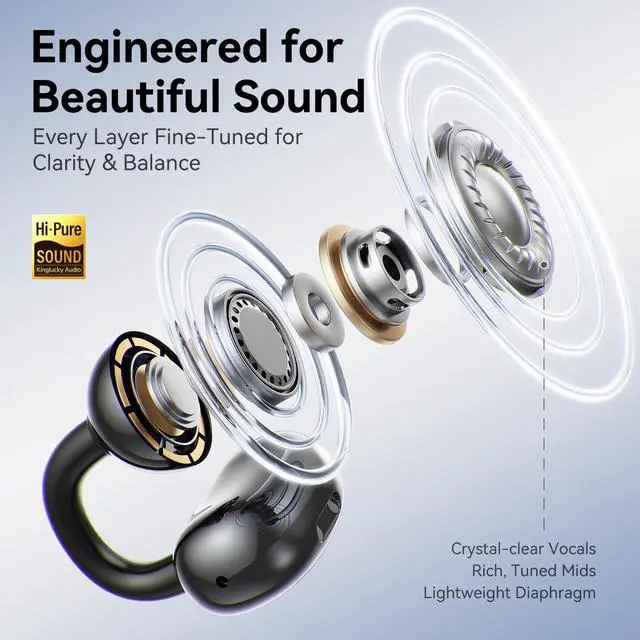 Alt view image 4 of 7 - Jewelry-Inspired Clip-On Earbuds with Diamond Earrings, Comfortable Fit & 40H Playtime Open Ear Bluetooth 5.4 Wireless Headphones for Women, Small Ears, Sports & Workouts (Black)