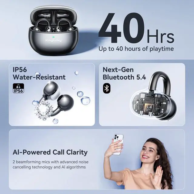 Alt view image 5 of 7 - Jewelry-Inspired Clip-On Earbuds with Diamond Earrings, Comfortable Fit & 40H Playtime Open Ear Bluetooth 5.4 Wireless Headphones for Women, Small Ears, Sports & Workouts (Black)