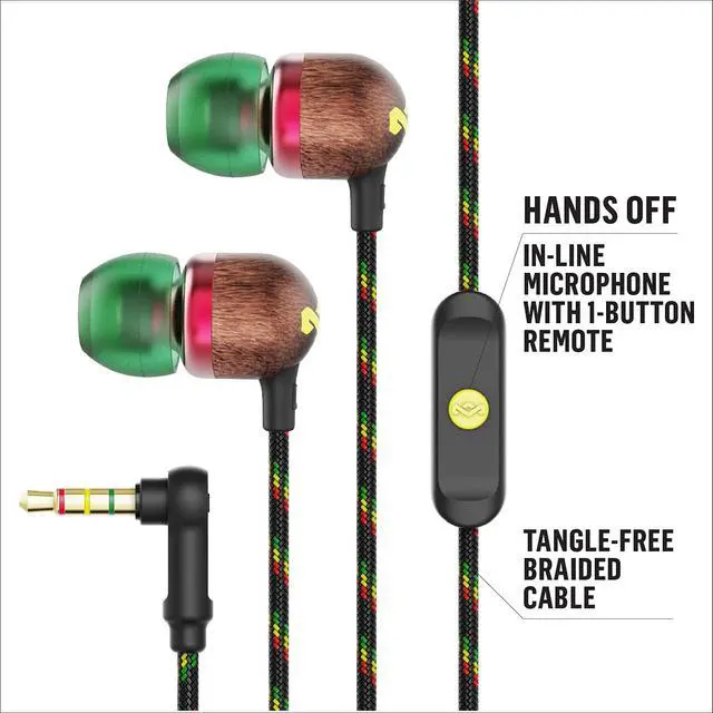 Alt view image 2 of 7 - House of Marley Smile Jamaica AUX Wired Earbuds with Microphone, Noise-Isolating in-Ear Headphones, Tangle-Resistant Cable, 3.5mm Jack Sustainable (Rasta)