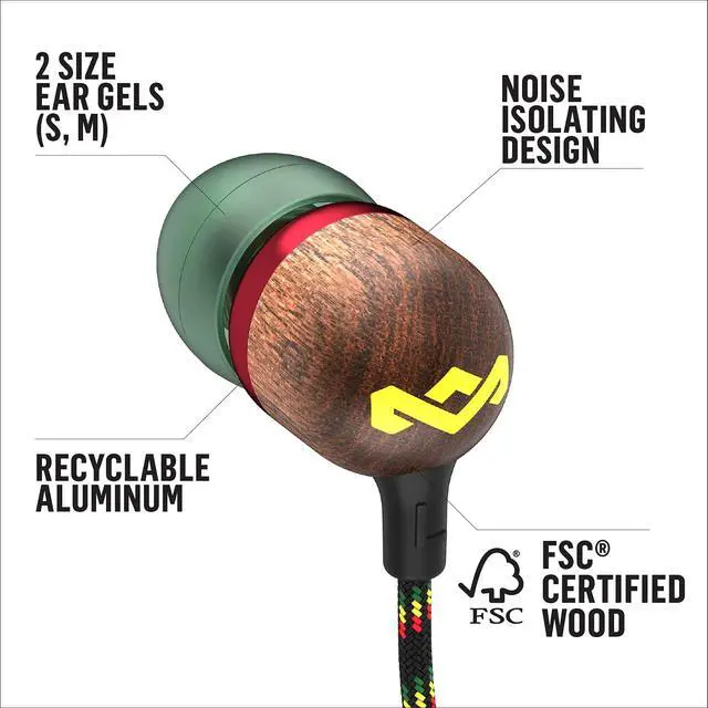 Alt view image 4 of 7 - House of Marley Smile Jamaica AUX Wired Earbuds with Microphone, Noise-Isolating in-Ear Headphones, Tangle-Resistant Cable, 3.5mm Jack Sustainable (Rasta)