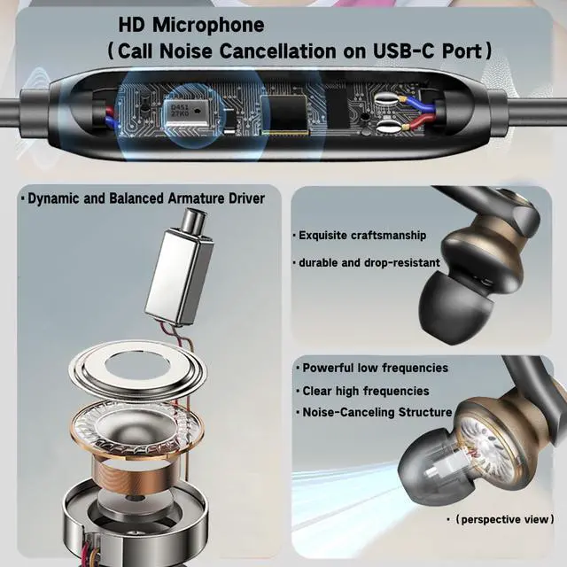 Alt view image 2 of 6 - Wired Earbud with ENC Noise-canceling Mic Deep bass Dual-unit Headphones
