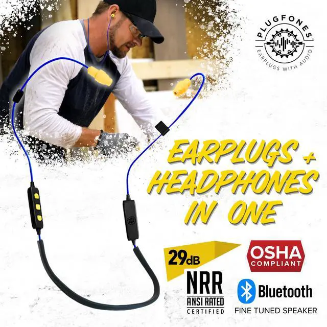 Alt view image 2 of 7 - Liberate 2.0 Bluetooth Earplug Headphones for Work, OSHA Earbuds | 29dB NRR Hearing Protection Earbuds, Work Headphones, Wireless Safety Ear Plugs, Mic, Construction, Warehouse, Blue & Yellow