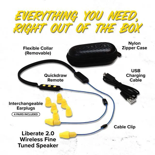 Alt view image 6 of 7 - Liberate 2.0 Bluetooth Earplug Headphones for Work, OSHA Earbuds | 29dB NRR Hearing Protection Earbuds, Work Headphones, Wireless Safety Ear Plugs, Mic, Construction, Warehouse, Blue & Yellow