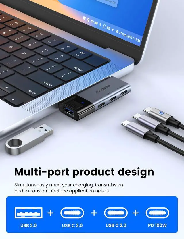 Alt view image 2 of 6 - USB C Hub Type C Splitter with 100W Power Delivery USB 3.0 Data