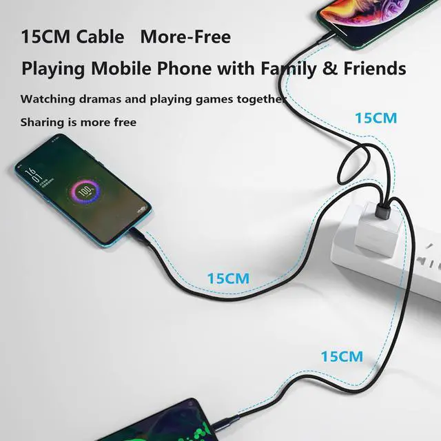 Alt view image 2 of 7 - USB C Splitter Cable,USB A Male to 3 Type-C Male Charge Cable,3 in 1 Nylon Braided Charging Cord with 3x0.2m Cable, 5A Fast Charge,Compatible with Mobile/Android and More 0.65FT-0.2M