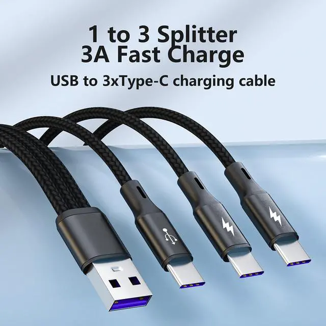 Alt view image 6 of 7 - USB C Splitter Cable,USB A Male to 3 Type-C Male Charge Cable,3 in 1 Nylon Braided Charging Cord with 3x0.2m Cable, 5A Fast Charge,Compatible with Mobile/Android and More 0.65FT-0.2M
