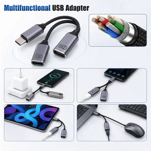 Alt view image 3 of 7 - 1 PCS USB C Splitter 1 in 2 Out, USB C OTG Adapter and Charger PD Charger Splitter Y Cable with 60W PD Fast Charging Compatible for Vehicles, Desktop PCS, Smartphones