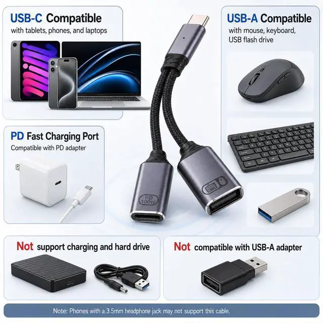 Alt view image 6 of 7 - 1 PCS USB C Splitter 1 in 2 Out, USB C OTG Adapter and Charger PD Charger Splitter Y Cable with 60W PD Fast Charging Compatible for Vehicles, Desktop PCS, Smartphones