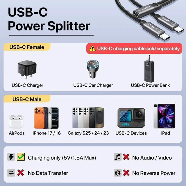 Alt view image 3 of 7 - USB C Splitter Charging, USB C Power Splitter 1 in 2 Out