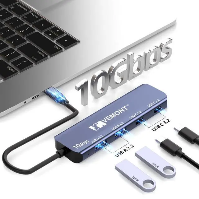 Alt view image 4 of 7 - USB C Hub 3.2 10Gbps, Aluminum USB 3.2 Hub with 2 USB-C and 2 USB-A Data Ports, Ultra Slim USB 3.2 Gen 2 Hub for MacBook Pro/Air 2022/2021, iPhone 15, iPad Pro, XPS, Surface Pro and More