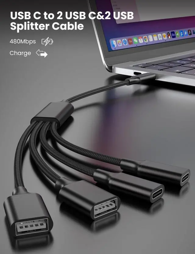 Alt view image 2 of 5 - USB C Splitter 1 in 4 Out-One USBC Male to 2 USBA Female & 2 Type C Female