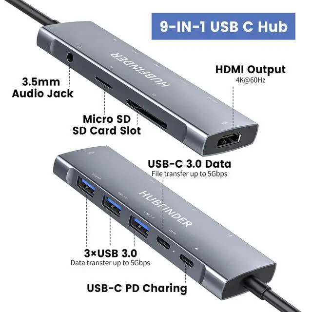 Alt view image 2 of 7 - USB C Hub, 9 in 1 USBC to HDMI with 4K, 100W Power Delivery, 3 USB3.0 and USB-C 5 Gbps Data Ports, SD/TF Card Reader, 3.5mm Headphone Jack, for MacBook Air, MacBook Pro,iPad Pro