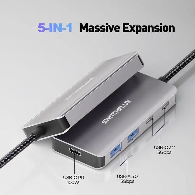 Alt view image 2 of 7 - USB C Hub 5 in 1 with 100W PD Charging Port, 2 USB C and 2 USB A Multiport Adapter, 5Gbps Data Transfer Dock and Fast Charge for MacBook Pro Air, iPad Pro, Dell XPS Laptop and Tablet