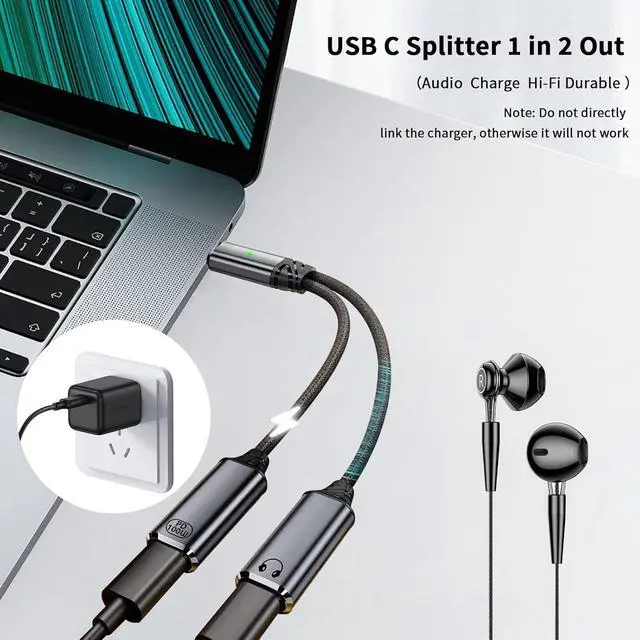 Alt view image 4 of 6 - USB C Splitter 1 in 2 Out, Dual USB C Charger and Headphone Adapter100W PD 3.0 Fast Charging & Hi-Res DAC Audio Adapter (Not for Fire Max and Samsung Devices