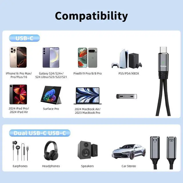Alt view image 6 of 6 - USB C Splitter 1 in 2 Out, Dual USB C Charger and Headphone Adapter100W PD 3.0 Fast Charging & Hi-Res DAC Audio Adapter (Not for Fire Max and Samsung Devices