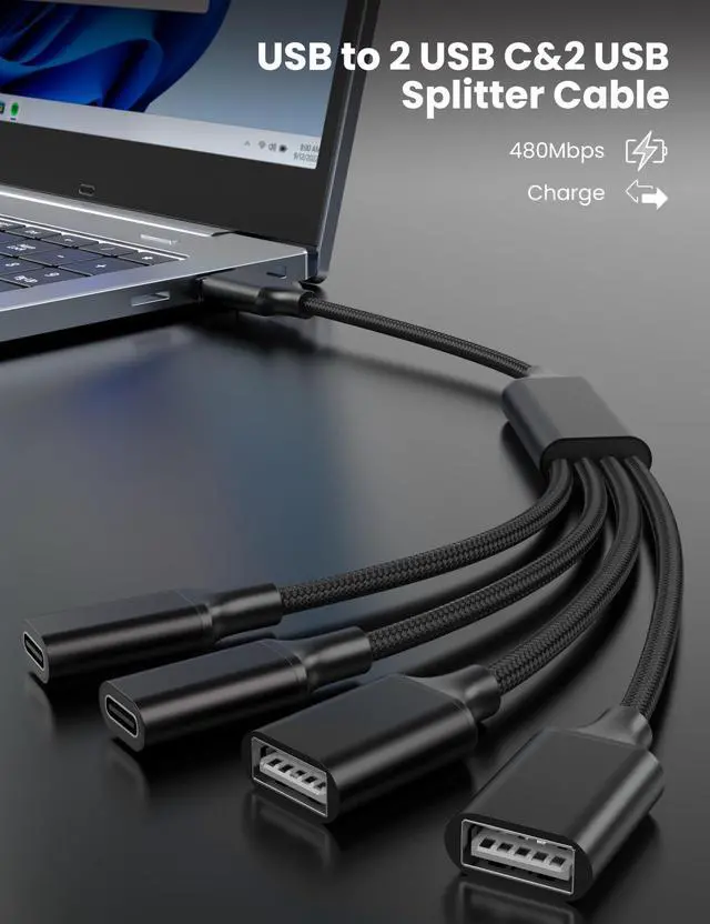 Alt view image 2 of 5 - USB Splitter Cable 1 in 4 Out, 2 USB A & 2 USB C Multiport Extender Hub 1FT