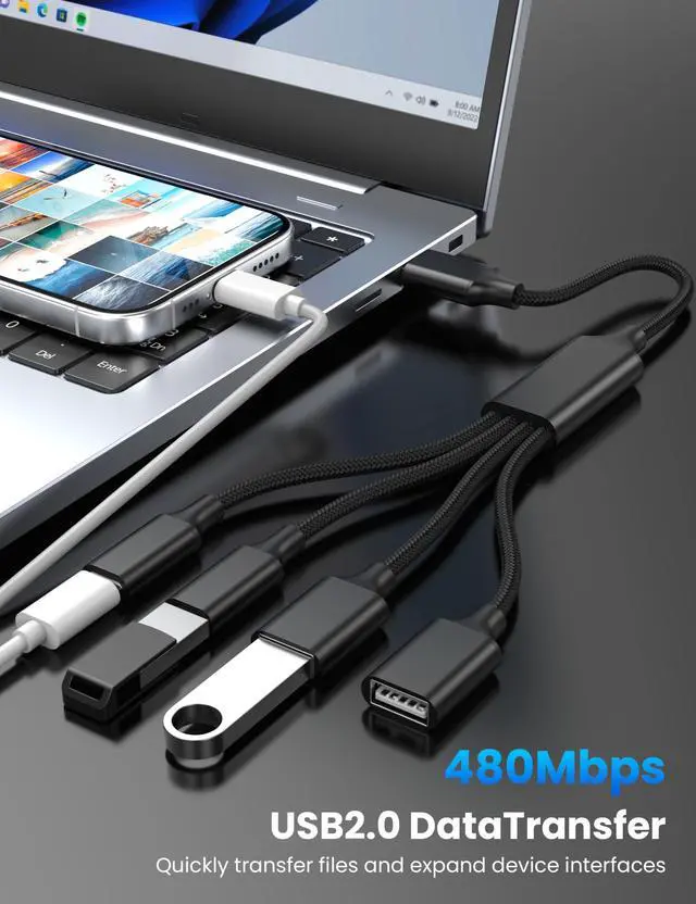 Alt view image 4 of 5 - USB Splitter Cable 1 in 4 Out, 2 USB A & 2 USB C Multiport Extender Hub 1FT