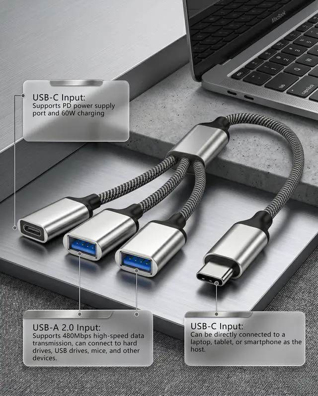 Alt view image 2 of 7 - USB Type C Hub, 3 Ports, 60 W, PD, Rapid Charging, OTG Function, 3/1 Splitter (USB-C Power/USB-A 2.0 x 2), Aluminum Alloy, High Speed Data Transfer, Compatible with Laptop/Android Smartphones