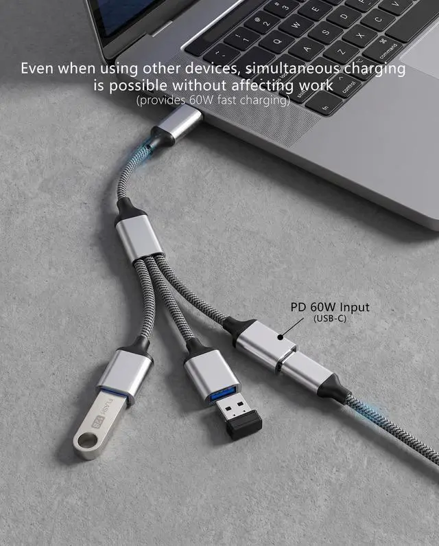 Alt view image 4 of 7 - USB Type C Hub, 3 Ports, 60 W, PD, Rapid Charging, OTG Function, 3/1 Splitter (USB-C Power/USB-A 2.0 x 2), Aluminum Alloy, High Speed Data Transfer, Compatible with Laptop/Android Smartphones