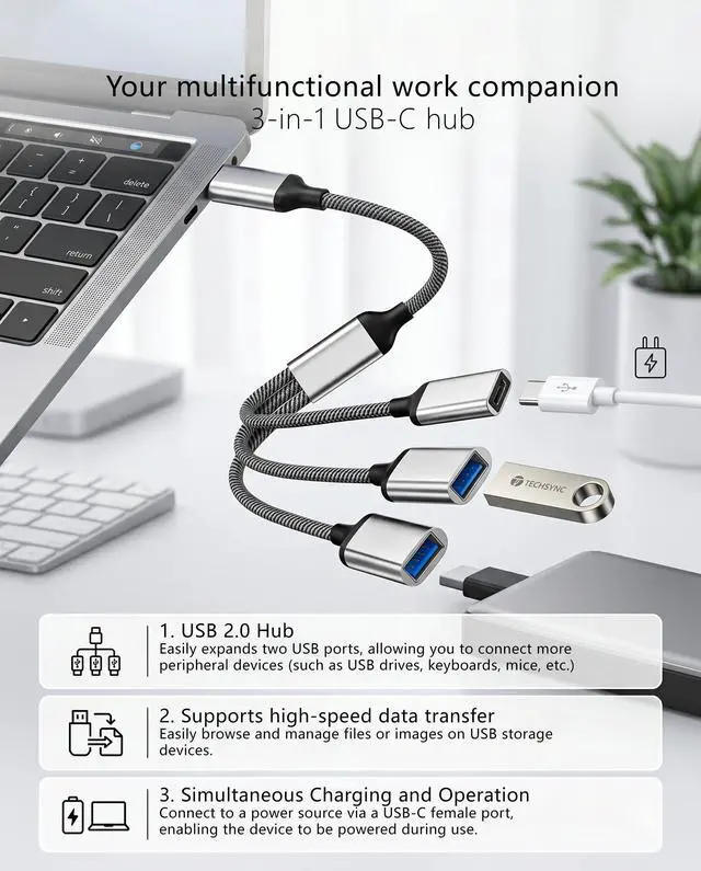 Alt view image 5 of 7 - USB Type C Hub, 3 Ports, 60 W, PD, Rapid Charging, OTG Function, 3/1 Splitter (USB-C Power/USB-A 2.0 x 2), Aluminum Alloy, High Speed Data Transfer, Compatible with Laptop/Android Smartphones