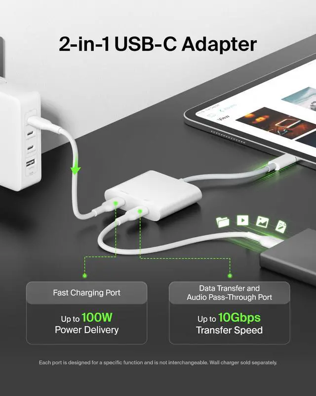 Alt view image 3 of 7 - 100W USB C Splitter, Dual Port Hub with Data and PD Charging