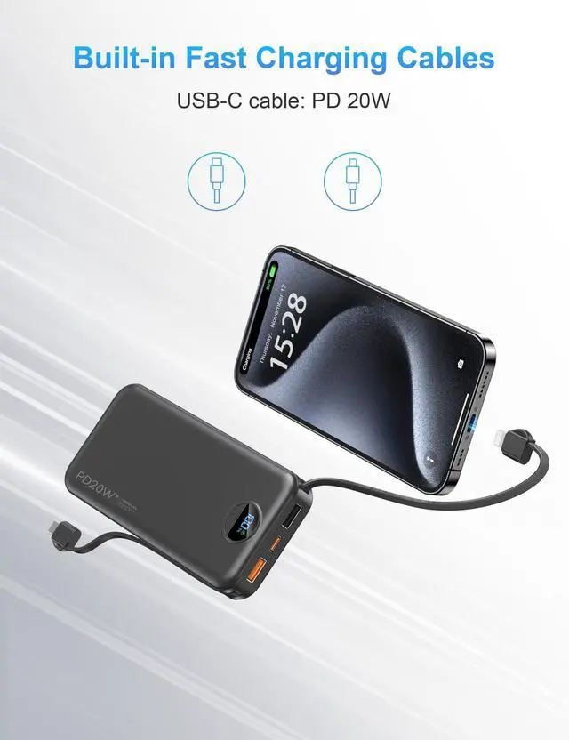 Alt view image 5 of 7 - Portable Charger Power Bank 10000mAh PD20W w/Built-in Cables