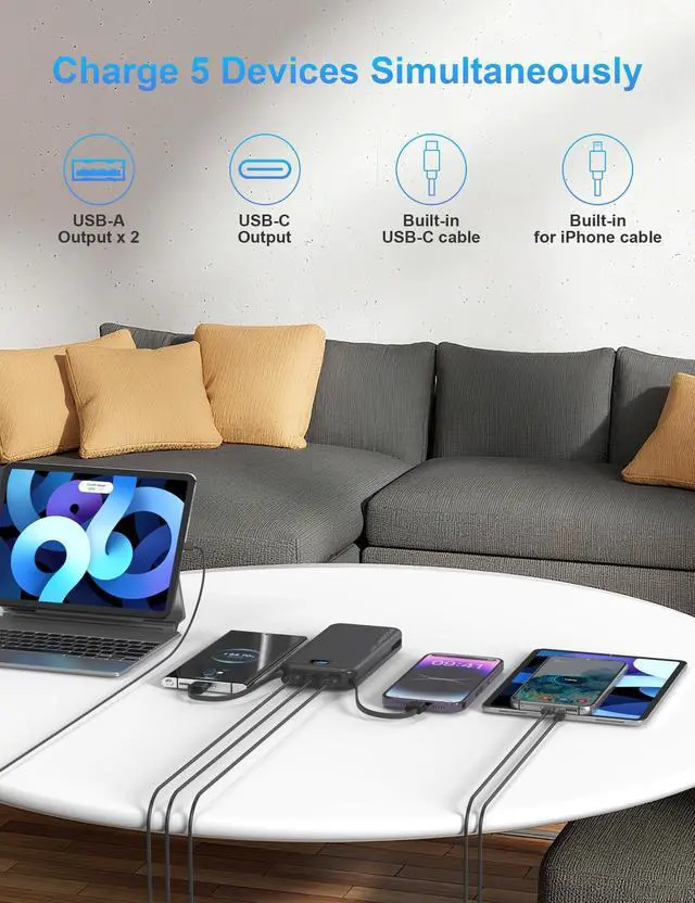 Alt view image 7 of 7 - Portable Charger Power Bank 10000mAh PD20W w/Built-in Cables