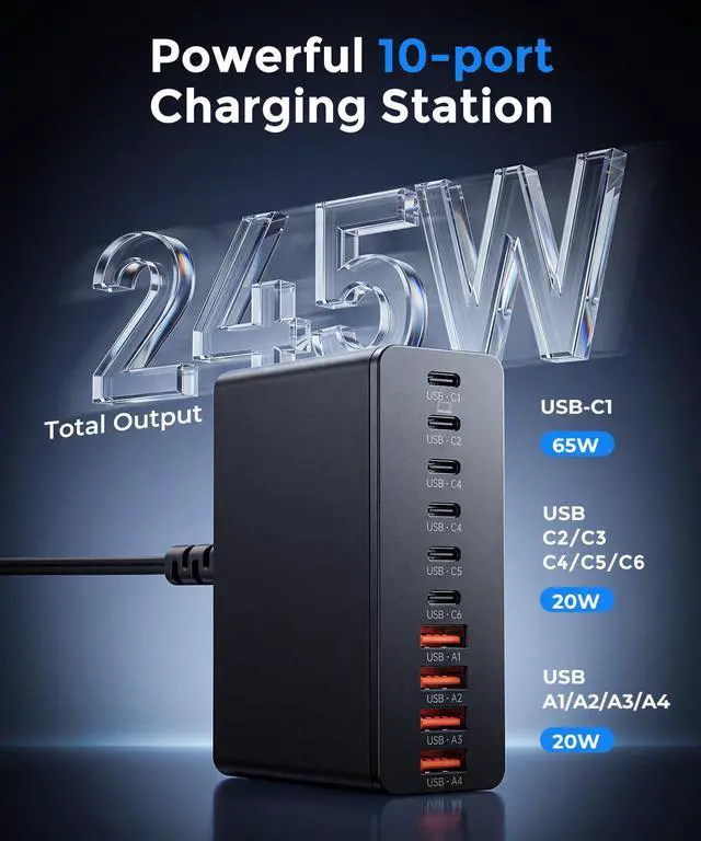 Alt view image 2 of 6 - USB C Charging Station 10 Port with 4 Cables,245W GaN Charger Block