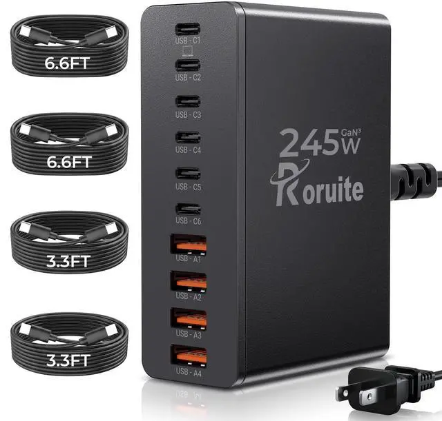 Main image of USB C Charging Station 10 Port with 4 Cables,245W GaN Charger Block