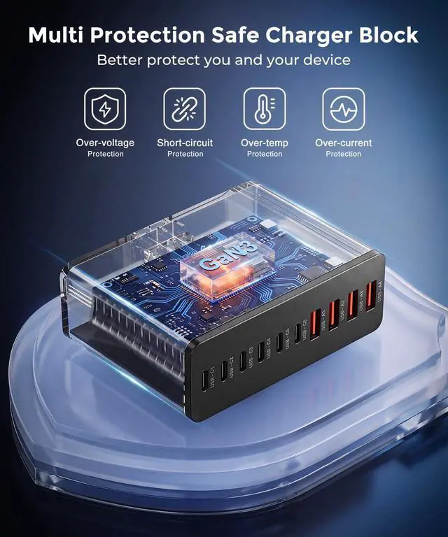 Alt view image 3 of 6 - USB C Charging Station 10 Port with 4 Cables,245W GaN Charger Block