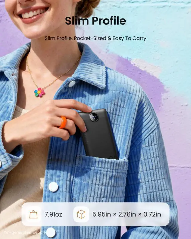 Alt view image 4 of 7 - Portable Charger with Wall Plug, Slim USB C Power Bank with Built-in Cables, 10000mah LED Display External Battery Pack Compatible with iPhone/Android & More (Black)