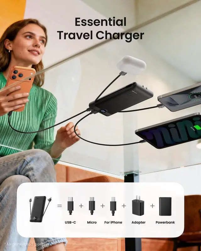 Alt view image 6 of 7 - Portable Charger with Wall Plug, Slim USB C Power Bank with Built-in Cables, 10000mah LED Display External Battery Pack Compatible with iPhone/Android & More (Black)