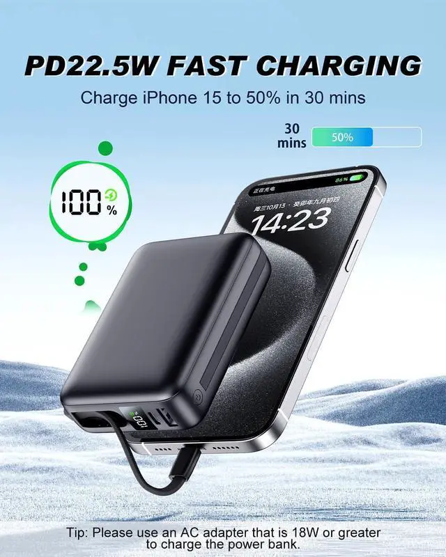 Alt view image 2 of 5 - Portable Charger 50000mAh, PD22.5W Fast Charge Power Bank Built-in 2 Cables