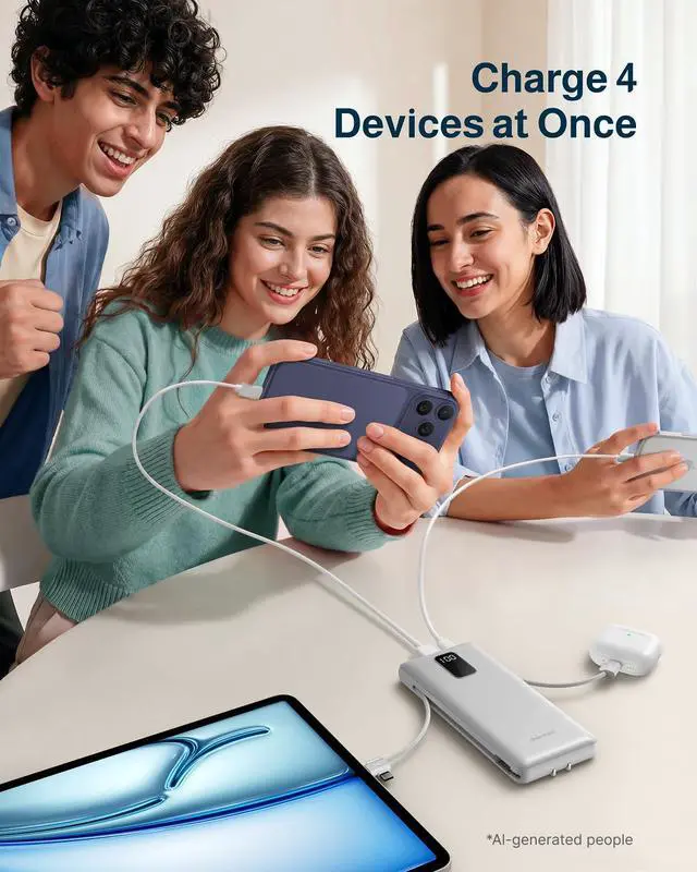 Alt view image 3 of 7 - 10000mAh Portable Charger with Built-in Cables and AC Wall Plug