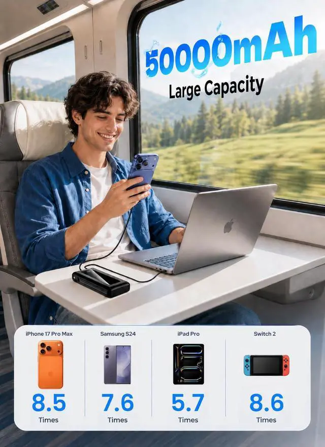 Alt view image 2 of 7 - Portable Charger Power Bank 50000mAh, Ultra-High Capacity Battery Pack with Built-in Cables-Ebony