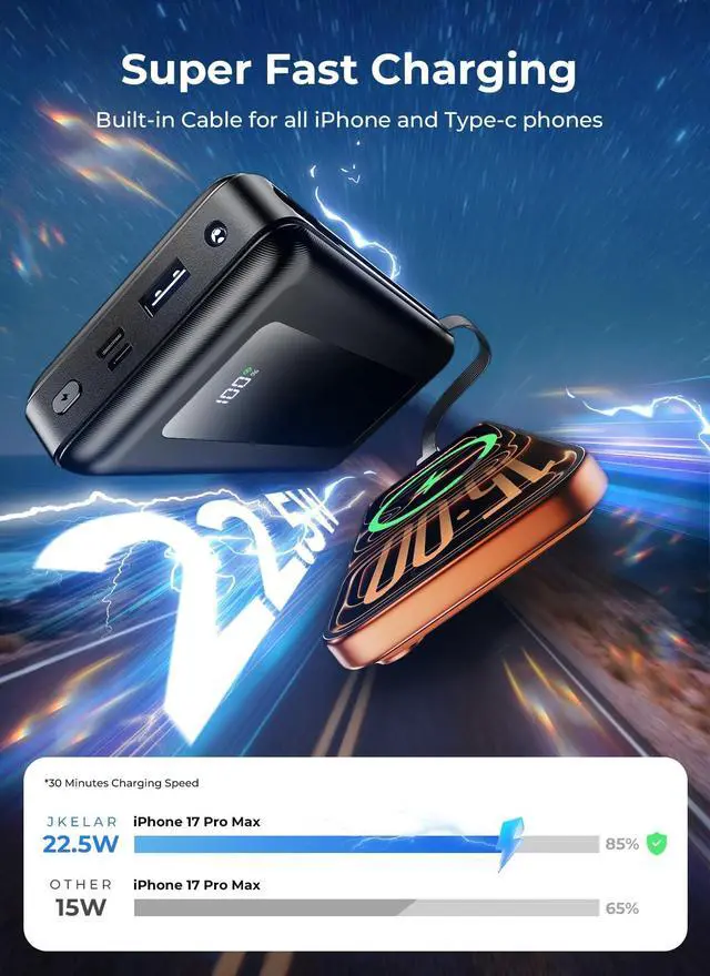 Alt view image 3 of 7 - Portable Charger Power Bank 50000mAh, Ultra-High Capacity Battery Pack with Built-in Cables-Ebony