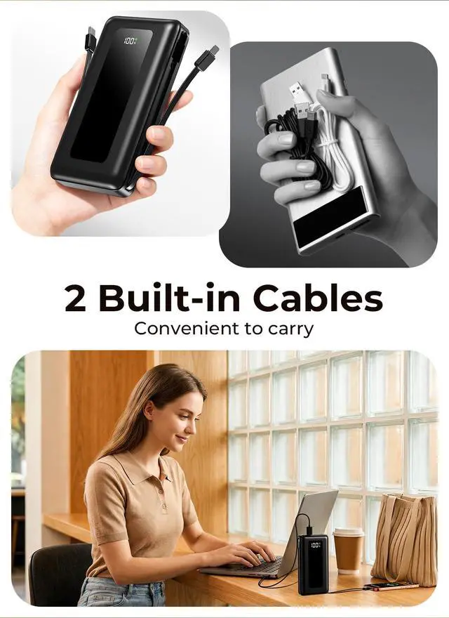 Alt view image 4 of 7 - Portable Charger Power Bank 50000mAh, Ultra-High Capacity Battery Pack with Built-in Cables-Ebony