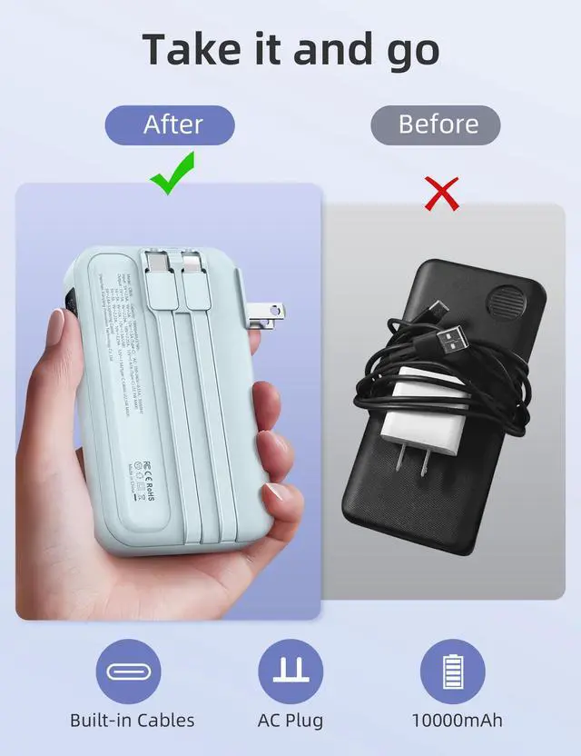 Alt view image 2 of 7 - Portable Charger w/Wall Plug 10000mAh Power Bank 22.5W Battery Pack