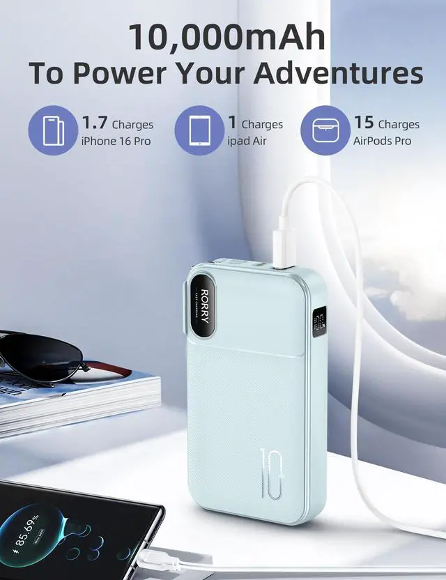 Alt view image 4 of 7 - Portable Charger w/Wall Plug 10000mAh Power Bank 22.5W Battery Pack