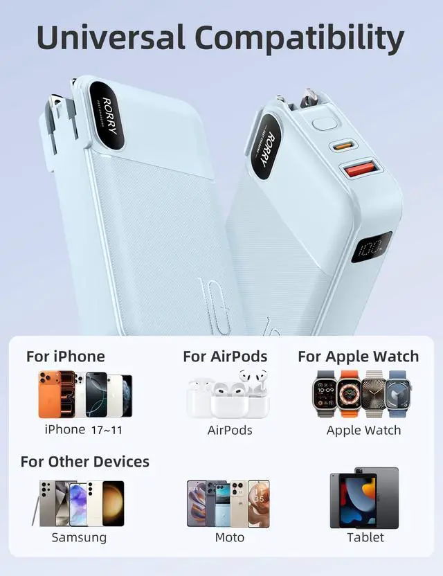 Alt view image 7 of 7 - Portable Charger w/Wall Plug 10000mAh Power Bank 22.5W Battery Pack