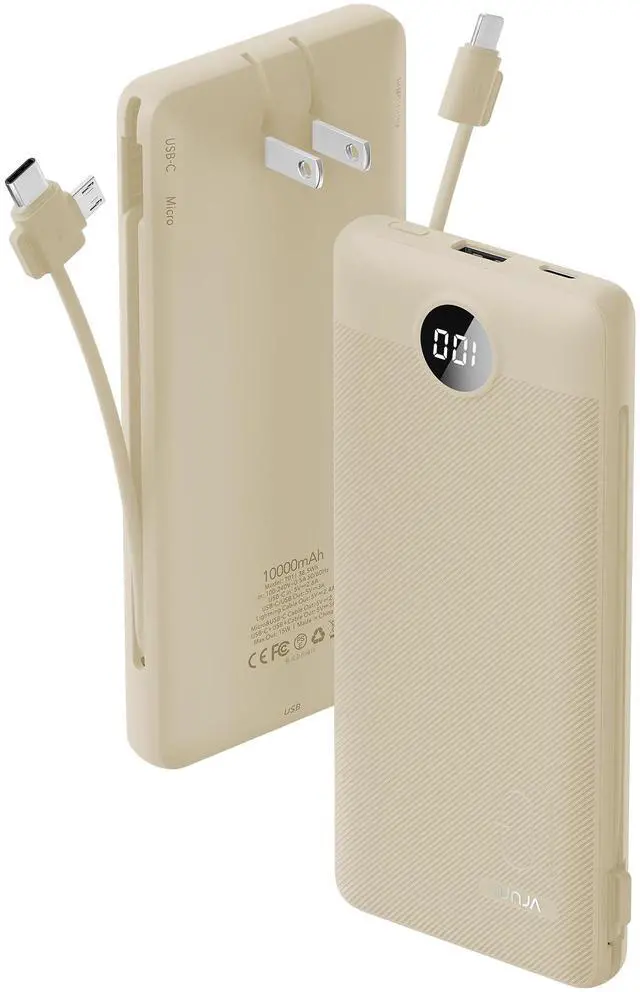Main image of Portable Charger Built-in Cables and AC Wall Plug, USB C Power Bank 10000mAh, Travel Battery Portable Phone Charger Compact Lightweight External Battery Pack for Smart Phones, Tablets etc-Light Coffee