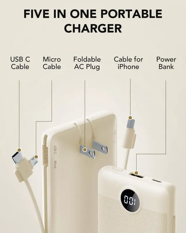 Alt view image 3 of 7 - Portable Charger Built-in Cables and AC Wall Plug, USB C Power Bank 10000mAh, Travel Battery Portable Phone Charger Compact Lightweight External Battery Pack for Smart Phones, Tablets etc-Light Coffee