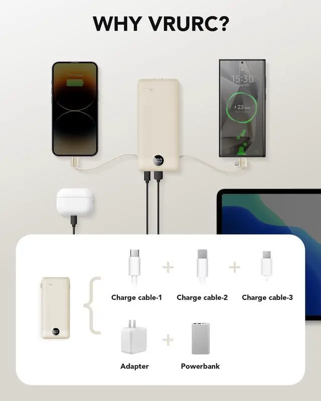 Alt view image 4 of 7 - Portable Charger Built-in Cables and AC Wall Plug, USB C Power Bank 10000mAh, Travel Battery Portable Phone Charger Compact Lightweight External Battery Pack for Smart Phones, Tablets etc-Light Coffee