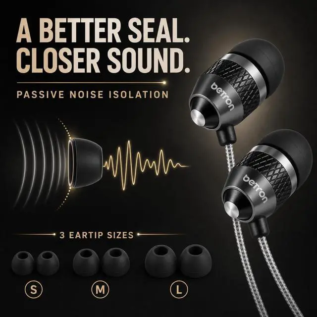 Alt view image 3 of 7 - B25 Earphones, Noise Isolating in-Ear Wired Headphones, Black | Strong Bass, Tangle-Free Cord, Lightweight, Carry Case and Soft Earbud Tips