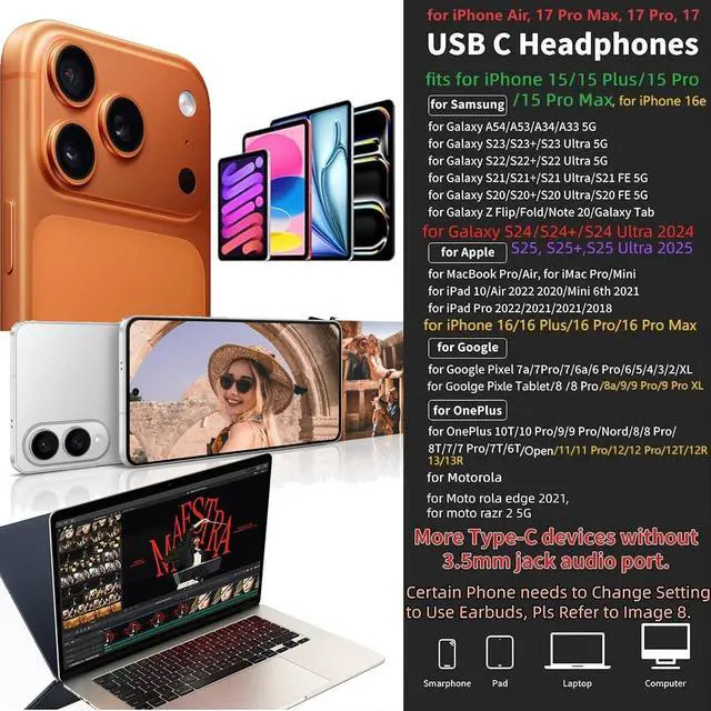 Alt view image 2 of 7 - USB C Headphone for Samsung Wired Earbuds Magnetic in-Ear Type C Earphone with Microphone Volume Control Deep Bass Stereo Noise Canceling for iPhone 17 Pro Max Air 16 16e 15 Pixel 10 9a (Black)