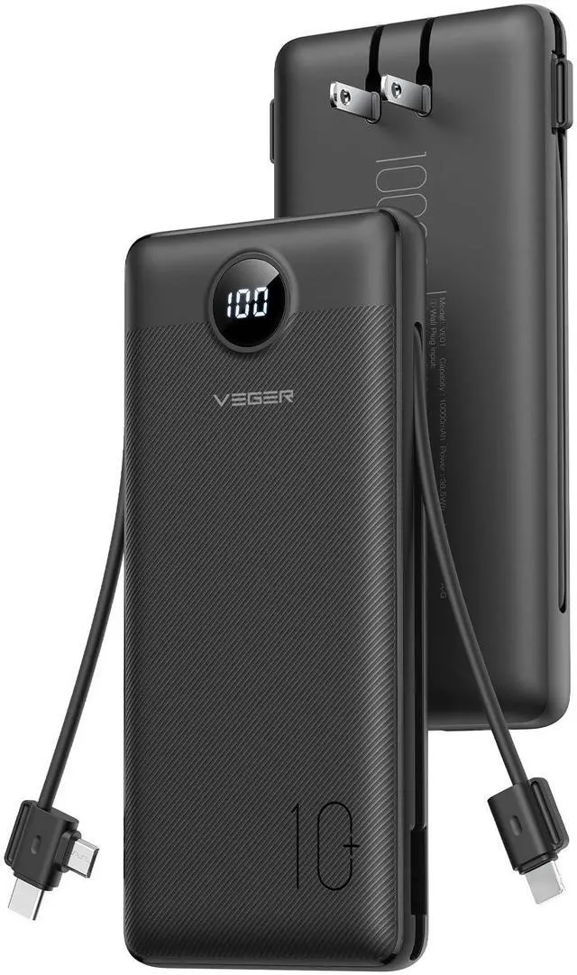 Main image of Portable Charger, 10000mAh Power Bank Built in Wall Plug and Cables