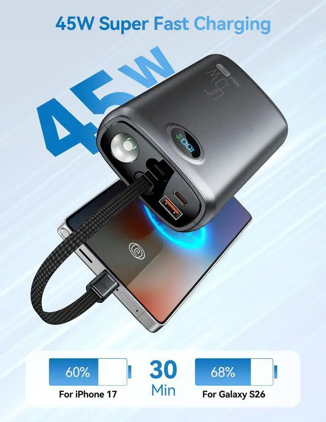 Alt view image 2 of 7 - Portable Charger 20000mAh 45W, Built in USB C Cable, 3W Flashlight