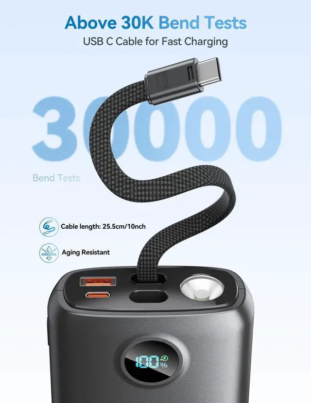Alt view image 4 of 7 - Portable Charger 20000mAh 45W, Built in USB C Cable, 3W Flashlight